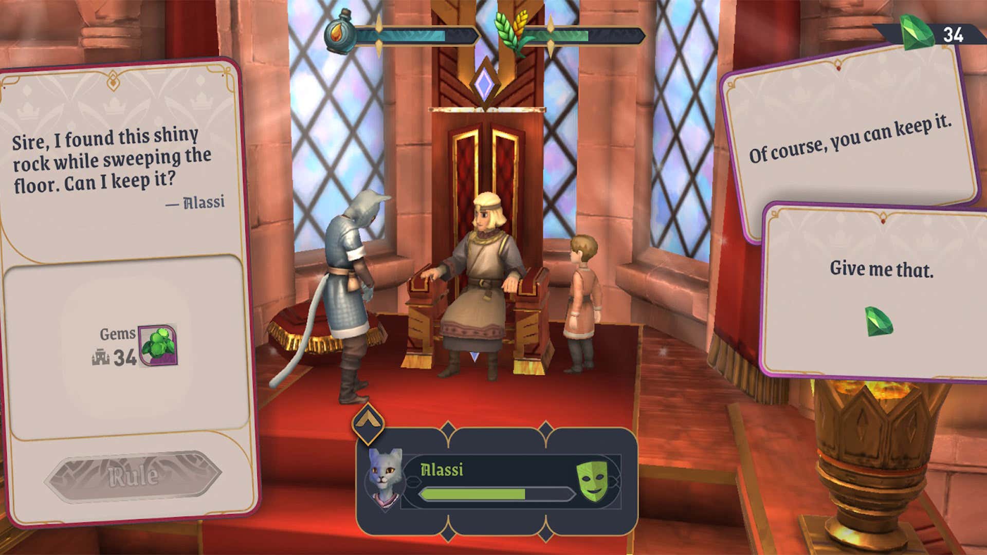 Ein Screenshot von Castles zeigt einen König, der eine Wahl trifft. 